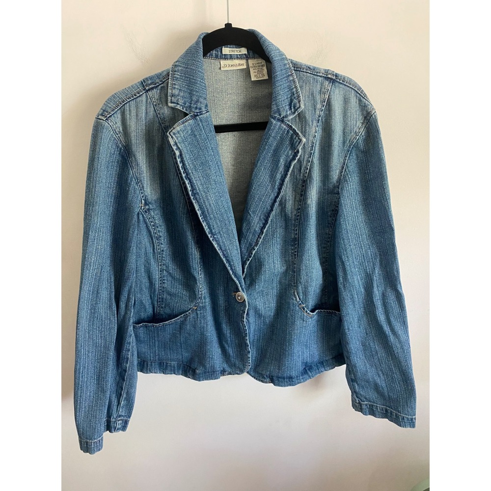 St Johns Bay Womens XL Blue Denim Blazer Stretch Single Button Jacket